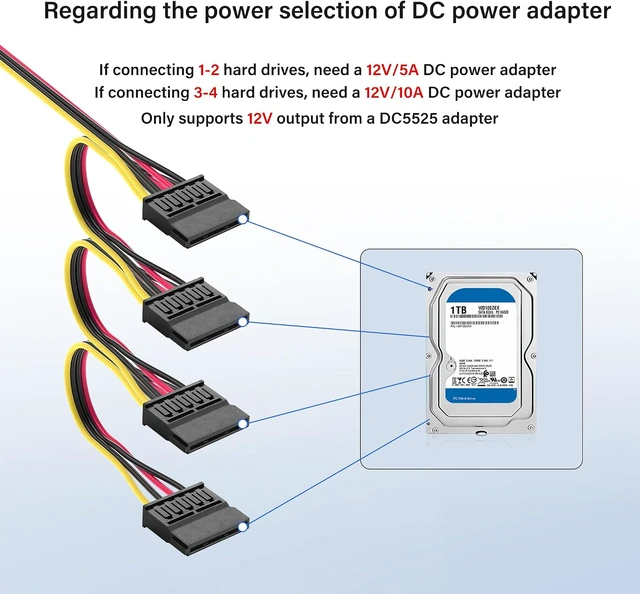 Alt view image 4 of 7 - SinLoon DC5525 to SATA IDE Hard Drive Power Supply Cable DC 5.5x2.5mm Female to SATA Female Extension Cable with Step-Down Voltage Regulator (1 to 4)