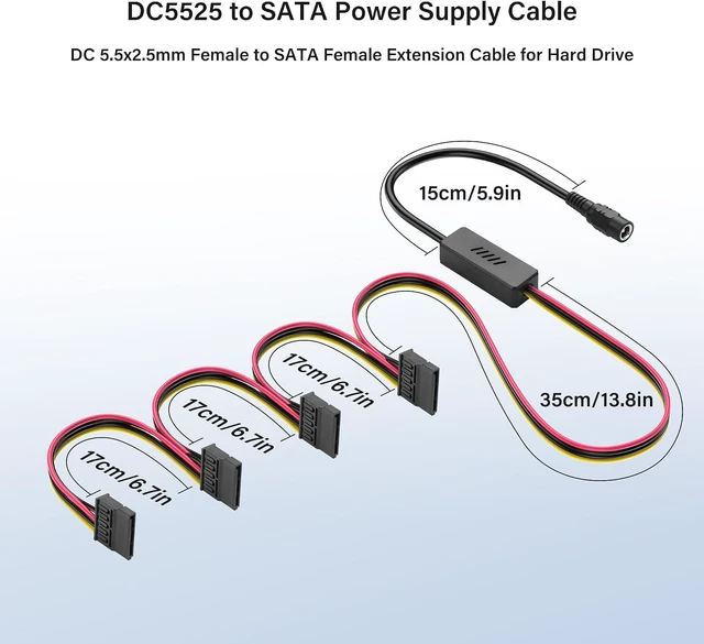 Alt view image 5 of 7 - SinLoon DC5525 to SATA IDE Hard Drive Power Supply Cable DC 5.5x2.5mm Female to SATA Female Extension Cable with Step-Down Voltage Regulator (1 to 4)