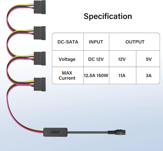 Alt view image 6 of 7 - SinLoon DC5525 to SATA IDE Hard Drive Power Supply Cable DC 5.5x2.5mm Female to SATA Female Extension Cable with Step-Down Voltage Regulator (1 to 4)