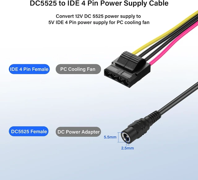 Alt view image 2 of 7 - SinLoon DC5525 to IDE 4 Pin Power Supply Cable DC 5.5x2.5mm Female to LP4 IDE 4 Pin Female Extension Cable for PC Fan (1 to 2)