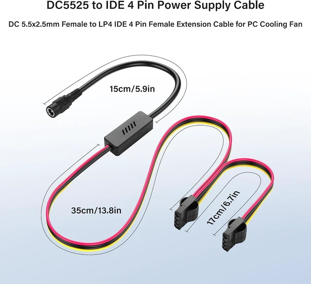 Alt view image 5 of 7 - SinLoon DC5525 to IDE 4 Pin Power Supply Cable DC 5.5x2.5mm Female to LP4 IDE 4 Pin Female Extension Cable for PC Fan (1 to 2)
