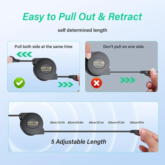 Alt view image 3 of 7 - SinLoon Cat7 Retractable Ethernet Cable 4.9Ft RJ45 CAT7 Flat Network Cable High Speed for LAN, Internet, Gaming 1.5M