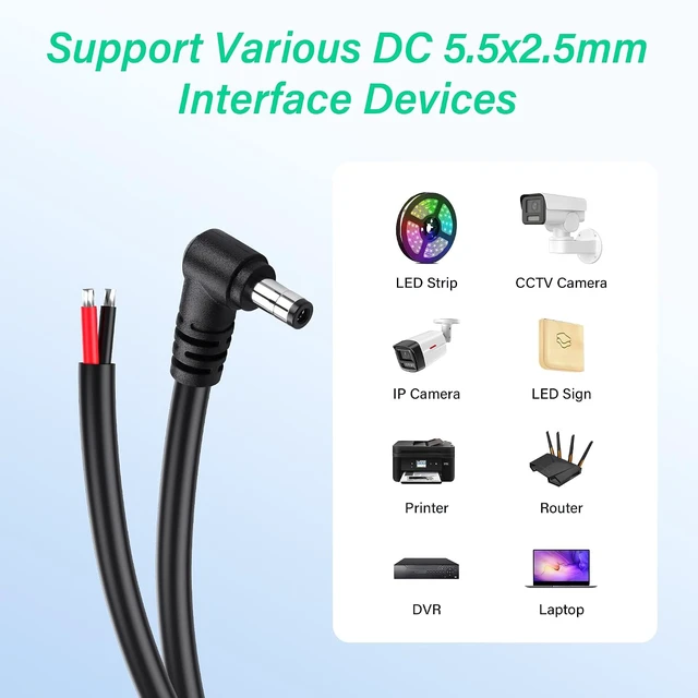 Alt view image 5 of 7 - SinLoon 2 Pack 14AWG DC5525 Power Pigtails Cable 12V/24V (1M/3.3Ft)