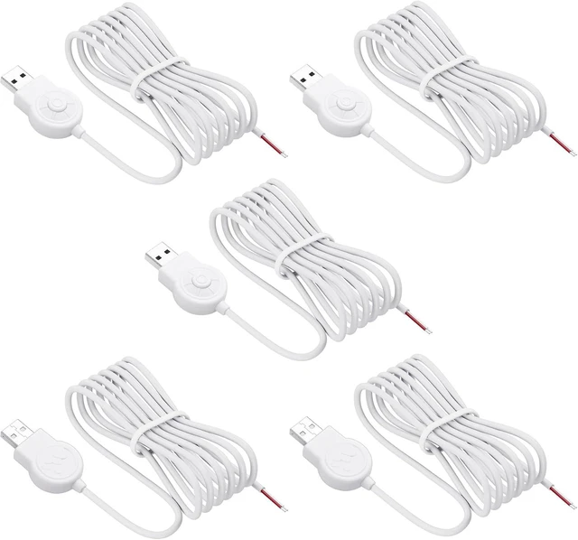 Main image of SinLoon USB Dimmer Switch Cable White Stepless Dimming 5V2A Power Cord with On/Off Switch, USB Male to Tinned Bare Wires, Single-Button Control for LED Strip/Table Lamp/Night Light (1.5M/5PCS)