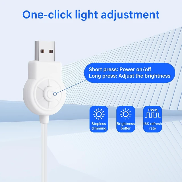 Alt view image 2 of 7 - SinLoon USB Dimmer Switch Cable White Stepless Dimming 5V2A Power Cord with On/Off Switch, USB Male to Tinned Bare Wires, Single-Button Control for LED Strip/Table Lamp/Night Light (1.5M/5PCS)