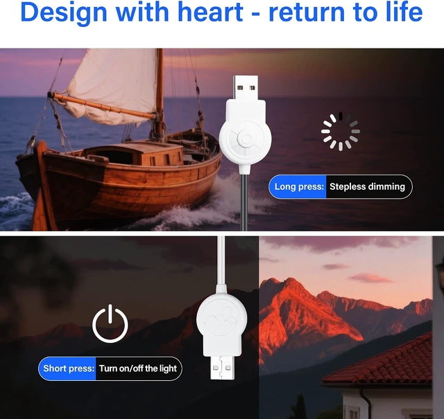 Alt view image 3 of 7 - SinLoon USB Dimmer Switch Cable White Stepless Dimming 5V2A Power Cord with On/Off Switch, USB Male to Tinned Bare Wires, Single-Button Control for LED Strip/Table Lamp/Night Light (1.5M/5PCS)