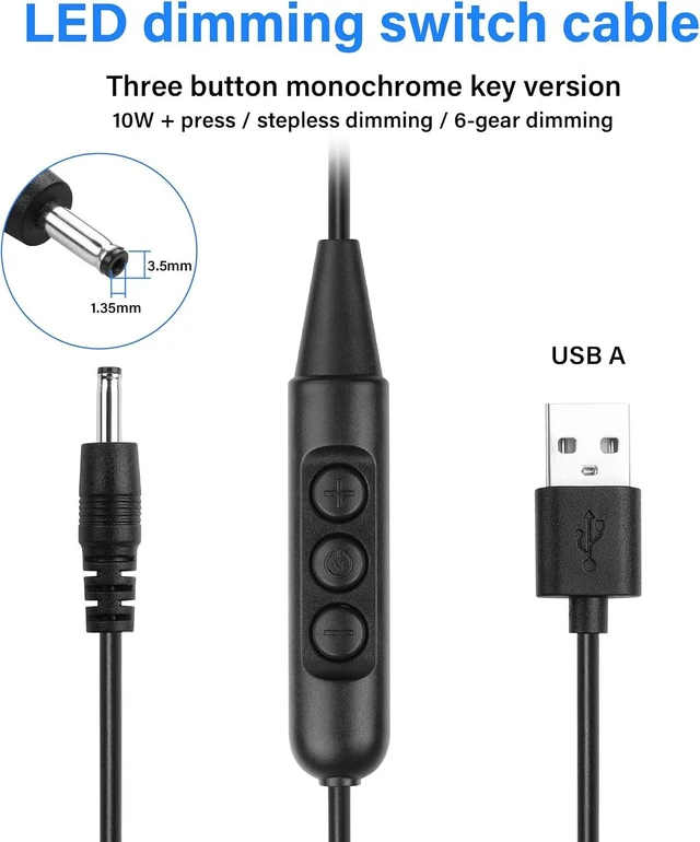 Alt view image 2 of 7 - SinLoon USB Male with On/Off Switch to DC35135 Male Cable, USB 2.0 to DC 3.5mm x 1.35mm 6-Speed Dimming Switch Power Cable, for LED Strips Little Table Lamp and Other 5V Devices 5Pcs 1.5M/4.9FT