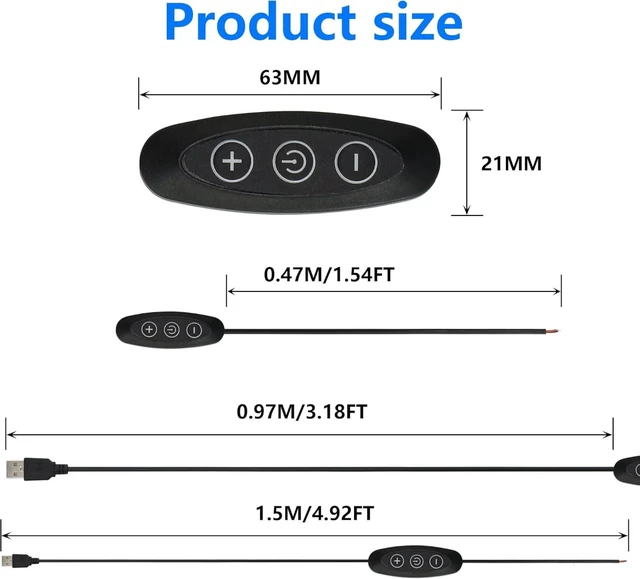 Alt view image 4 of 7 - SinLoon USB Male with ON/Off Switch to Stripped Ends, USB 2.0 9-Speed Dimming Switch Power Cable, for LED Strips Little Table Lamp and Other 5V Devices 5PCS (1.5M/4.9FT)