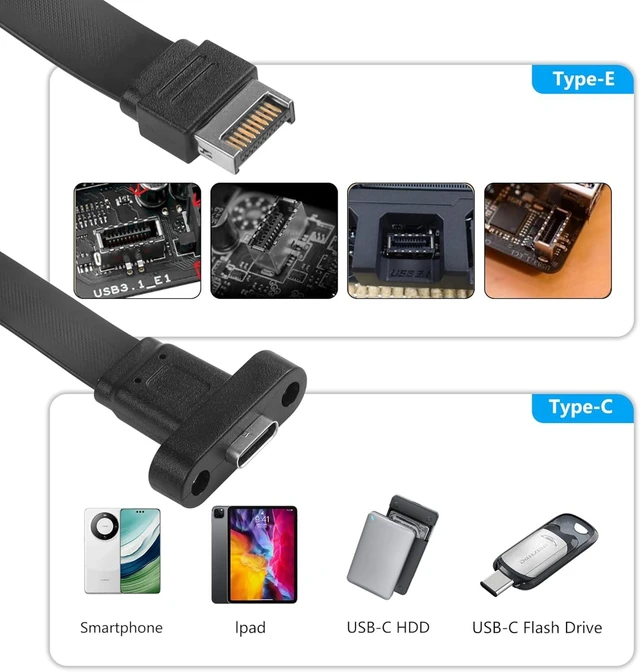 Alt view image 4 of 7 - SinLoon USB 3.1 Front Panel Header Type-C Extension Cable with Panel Mount Screw 10 Gbps Type-E 20Pin Male to USB-C Female Adapter Cable with Full Height Bracket,30cm/11.8inch (1 Port)