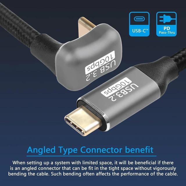 Alt view image 3 of 7 - SinLoon USB-C Cable 100W U Shaped Back Angled 3.2 Type C Male to Female Data Extension 10Gbps Nylon Braided Cord Fast Charging for USB-C Devices (3.3ft)