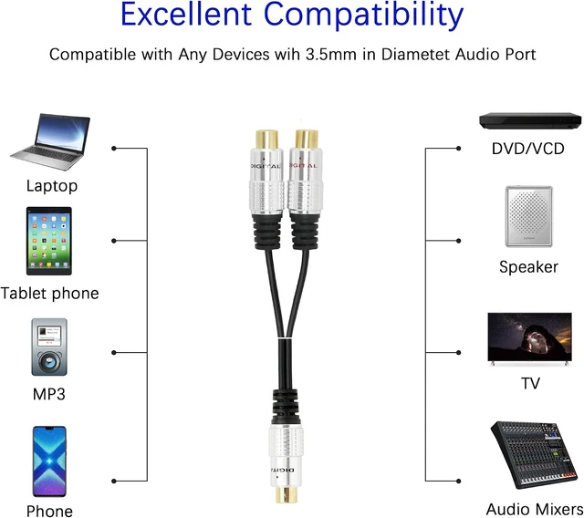 Alt view image 7 of 7 - SinLoon Aluminium Alloy RCA Y-Splitter, Single to Dual RCA Digital Coaxial Splitter, Gold Plated Adapter Audio Cable