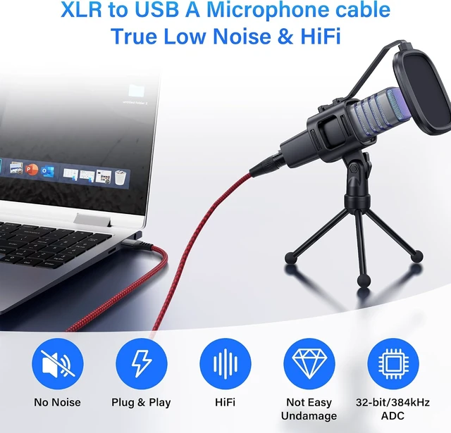 Alt view image 2 of 7 - SinLoon XLR to USB Microphone Cable 3-Pin XLR Female to USB-A Adapter 2m/6.5FT Braided Audio Cable for PCRecording Device Connection