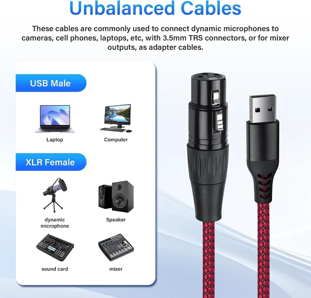 Alt view image 5 of 7 - SinLoon XLR to USB Microphone Cable 3-Pin XLR Female to USB-A Adapter 2m/6.5FT Braided Audio Cable for PCRecording Device Connection
