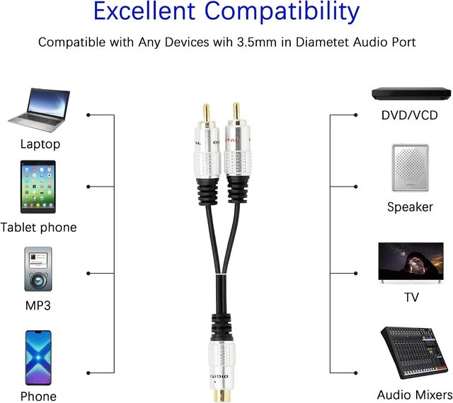 Alt view image 6 of 7 - SinLoon RCA Y-Adapter Audio Cable,Premium Aluminium Alloy Single RCA Female to 2 Dual Male RCA Digital Coaxial Splitter Gold Plated Adapter Audio Cable 0.82Ft (RCA/F-2Male)