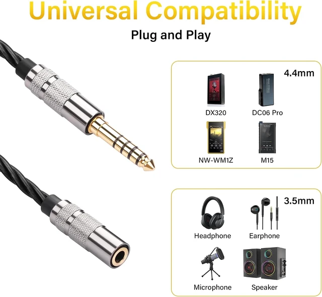 Alt view image 2 of 7 - SinLoon 4.4mm Male to 3.5mm Female Audio Adapter Cable, 15cm HiFi Short Cord, Oxygen-Free Copper Braided, Gold-Plated Balanced to Stereo Converter (Black)