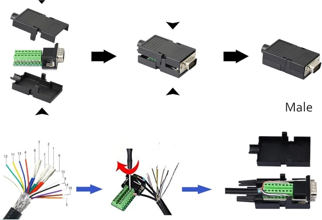 Alt view image 5 of 7 - SinLoon VGA DB15 Solderless Connector 3+9 D-SUB 15 Pin VGA 3 Row Breakout Board Adaptor with Case+Screwdriver(2-Pack Male)