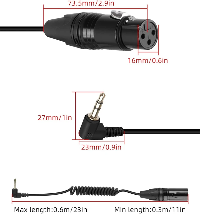 Alt view image 7 of 7 - GELRHONR Right Angle 3.5mm to 3 pin XLR Female Coiled Cable 1.6FT, XLR to 1/8 Inch TRS Audio Microphone Cable(Female Black)