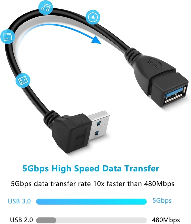 Alt view image 7 of 7 - GELRHONR 0.2M 90° Up Angle USB 3.0 Extension Cable Type A Male to A Female