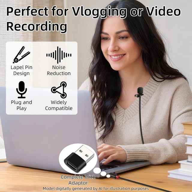 Alt view image 2 of 7 - GELRHONR USB C Lavalier Microphone, Type-C Lapel Microphone Wired with USB A Adapter, 48kHz/24bit, Compatible with PC,Laptop, Phone for Video Recording, Live Streaming and More, 4.9FT