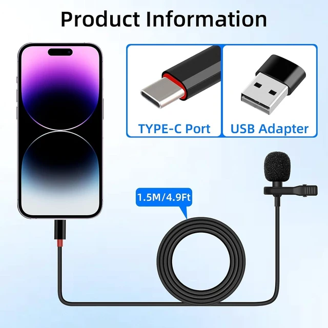 Alt view image 7 of 7 - GELRHONR USB C Lavalier Microphone, Type-C Lapel Microphone Wired with USB A Adapter, 48kHz/24bit, Compatible with PC,Laptop, Phone for Video Recording, Live Streaming and More, 4.9FT