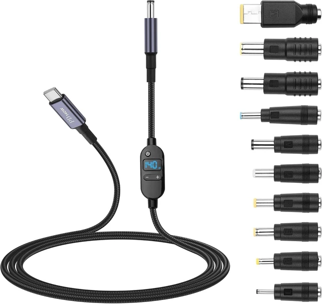 Main image of SinLoon 140W PD to DC Converter Cable Adjustable Voltage (5V/9V/12V/15V/20V/28V) Type-C Male to DC5525 Male | 10-in-1 Adapter Heads | 1.5m Black Braided Cable