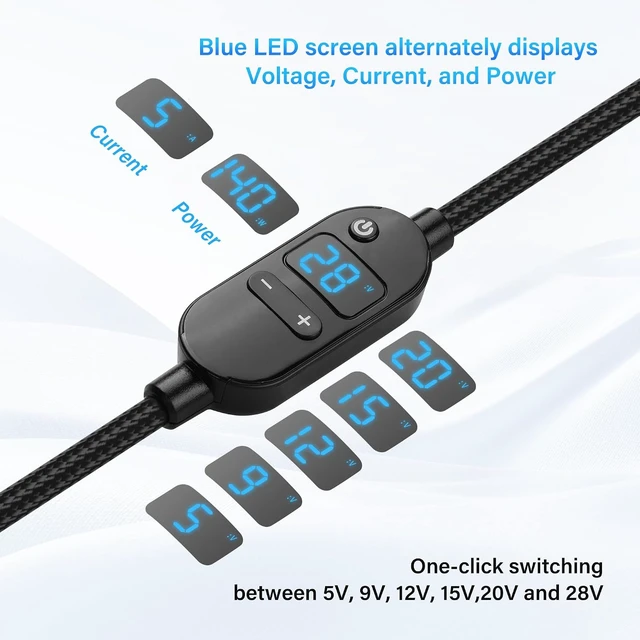 Alt view image 2 of 7 - SinLoon 140W PD to DC Converter Cable Adjustable Voltage (5V/9V/12V/15V/20V/28V) Type-C Male to DC5525 Male | 10-in-1 Adapter Heads | 1.5m Black Braided Cable