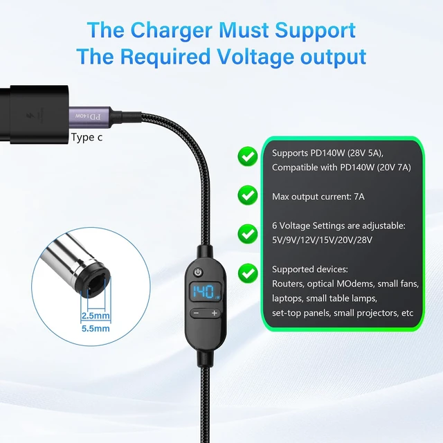 Alt view image 3 of 7 - SinLoon 140W PD to DC Converter Cable Adjustable Voltage (5V/9V/12V/15V/20V/28V) Type-C Male to DC5525 Male | 10-in-1 Adapter Heads | 1.5m Black Braided Cable