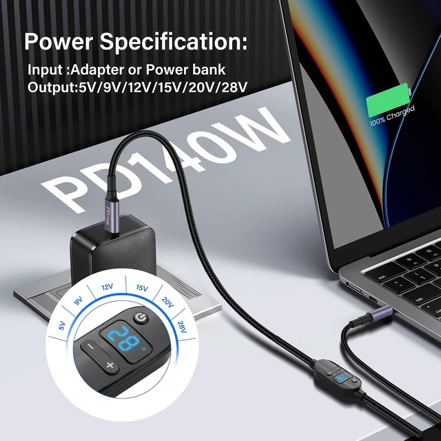 Alt view image 4 of 7 - SinLoon 140W PD to DC Converter Cable Adjustable Voltage (5V/9V/12V/15V/20V/28V) Type-C Male to DC5525 Male | 10-in-1 Adapter Heads | 1.5m Black Braided Cable