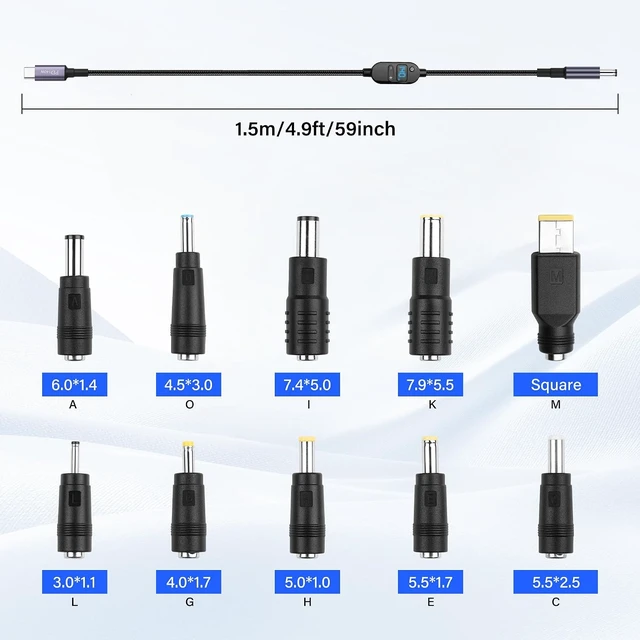 Alt view image 5 of 7 - SinLoon 140W PD to DC Converter Cable Adjustable Voltage (5V/9V/12V/15V/20V/28V) Type-C Male to DC5525 Male | 10-in-1 Adapter Heads | 1.5m Black Braided Cable