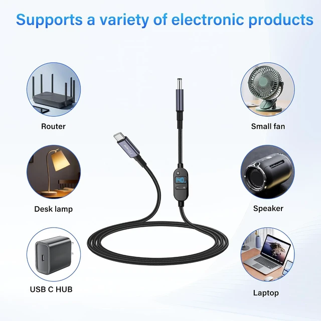 Alt view image 6 of 7 - SinLoon 140W PD to DC Converter Cable Adjustable Voltage (5V/9V/12V/15V/20V/28V) Type-C Male to DC5525 Male | 10-in-1 Adapter Heads | 1.5m Black Braided Cable