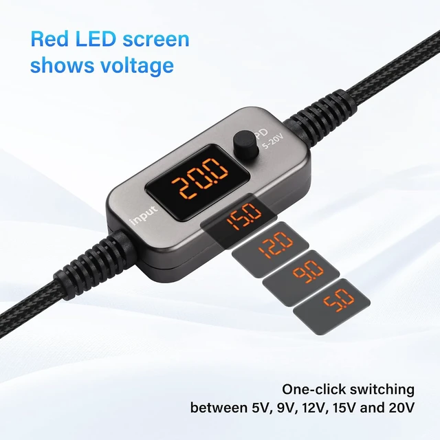 Alt view image 2 of 7 - SinLoon PD to DC Converter Cable | 100W Adjustable Voltage (5V/9V/12V/15V/20V) Type-C Male to DC5521 Male | 10-in-1 Adapter Heads | 1.2m Black Braided Cable
