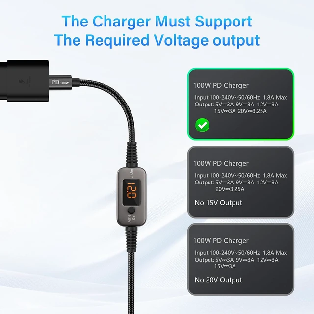 Alt view image 3 of 7 - SinLoon PD to DC Converter Cable | 100W Adjustable Voltage (5V/9V/12V/15V/20V) Type-C Male to DC5521 Male | 10-in-1 Adapter Heads | 1.2m Black Braided Cable