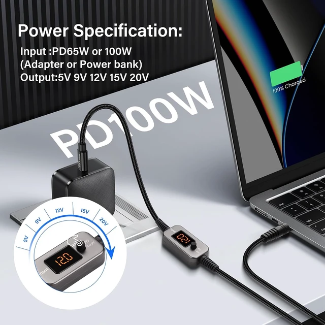Alt view image 4 of 7 - SinLoon PD to DC Converter Cable | 100W Adjustable Voltage (5V/9V/12V/15V/20V) Type-C Male to DC5521 Male | 10-in-1 Adapter Heads | 1.2m Black Braided Cable
