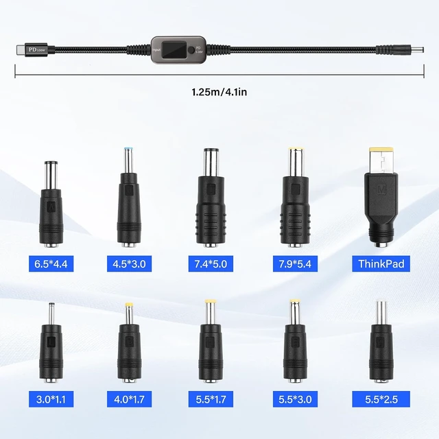 Alt view image 5 of 7 - SinLoon PD to DC Converter Cable | 100W Adjustable Voltage (5V/9V/12V/15V/20V) Type-C Male to DC5521 Male | 10-in-1 Adapter Heads | 1.2m Black Braided Cable