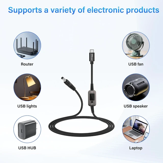 Alt view image 6 of 7 - SinLoon PD to DC Converter Cable | 100W Adjustable Voltage (5V/9V/12V/15V/20V) Type-C Male to DC5521 Male | 10-in-1 Adapter Heads | 1.2m Black Braided Cable