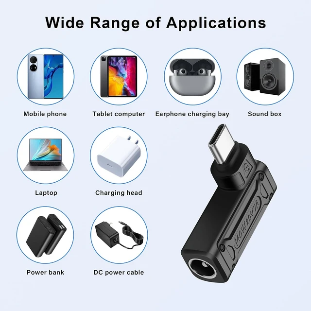 Alt view image 6 of 7 - SinLoon PD 140W DC5521 to Type C Power Charging Adapter DC 5.5mm x 2.1mm Female Input to USB C Male Connector with PD Automatic Identification Chip,for Phone,Tablet,Laptop (DC5521 G)