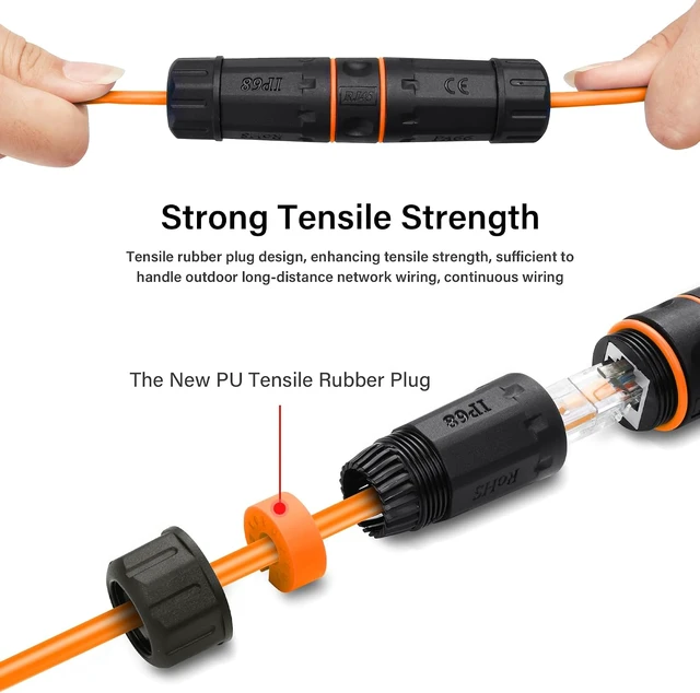 Alt view image 2 of 7 - SinLoon RJ45 Coupler Waterproof 2 Pack 10 GB Shielded Pure Copper RJ45 Female to Female IP68 Waterproof Ethernet Outdoor LAN Cable Connector for Cat5/Cat6/Cat6A Ethernet Cable (Orange)