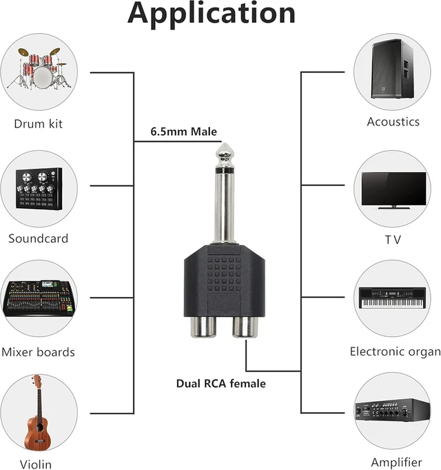 Alt view image 4 of 7 - GELRHONR 6.35mm Mono 1/4 Inch Male to RCA Splitter, Stereo Jack Male to RCA Female Adapter-5PCS