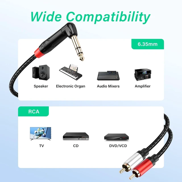 Alt view image 2 of 7 - SinLoon 6.35mm TRS to 2 RCA Audio Cable 1.8M/6Ft (RCA-Male)