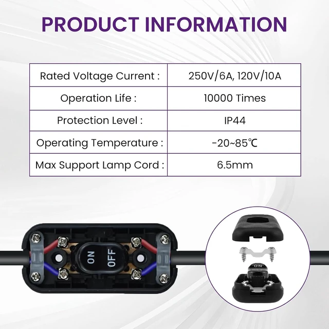 Alt view image 5 of 7 - 2Pcs Inline Cord Switch, AC 250V 6A On/Off Lamp Control Button, Black