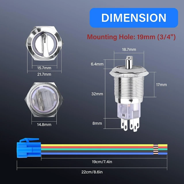 Alt view image 4 of 7 - SinLoon 19mm Rotary Switch with LED Light 3A 1NO 1NC 12V-24V DC/AC (Red)