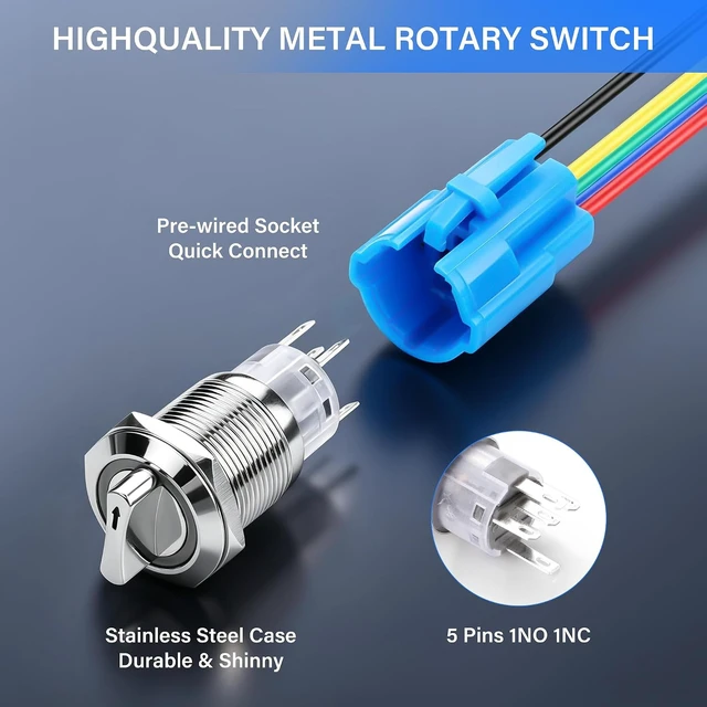 Alt view image 5 of 7 - SinLoon 19mm Rotary Switch with LED Light 3A 1NO 1NC 12V-24V DC/AC (Red)