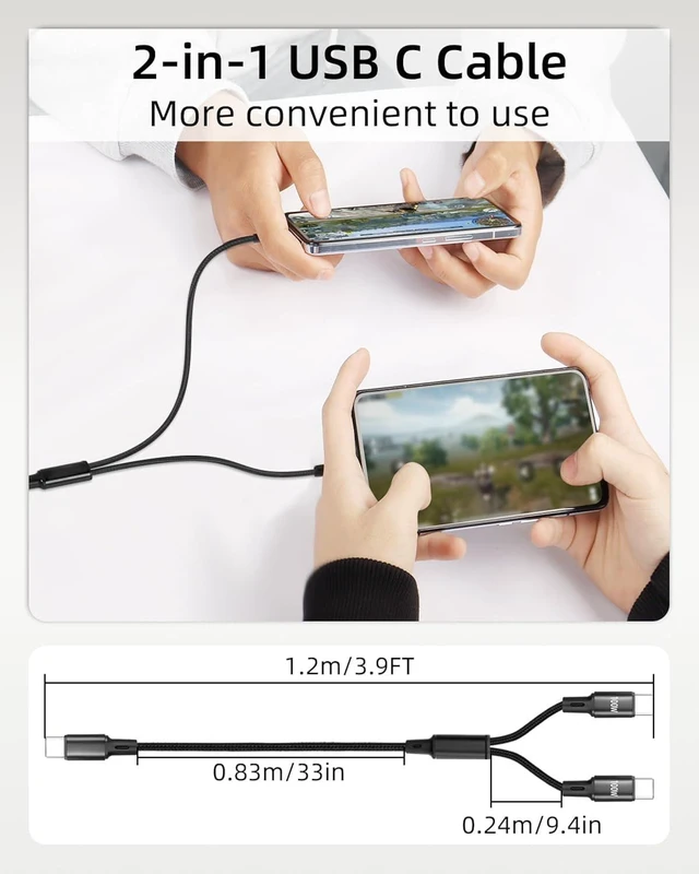 Alt view image 7 of 7 - GELRHONR 100W Dual USB C Splitter Fast Charging Cable 4FT, Nylon Braided 2 in 1 USB C to C Splitter Cable, Double Type C Charger Cord for Phone, Laptop, Tablet and More