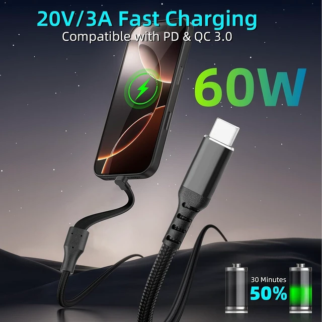 Alt view image 2 of 7 - GELRHONR 90 Degree Flat USB C Cable 6FT, PD 60W Right Angle USB C to C Fast Charging Cable, Nylon Braided Slim USB Type C Charger Cord for Phones, Tablets, Laptop (6.6FT/2M)