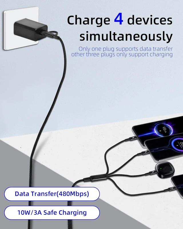 Alt view image 3 of 7 - GELRHONR Multi USB C Charging Cable 4FT, 4 in 2 USB C Splitter Cable, A/C Multi Charger Cord with 4 Type-C Connectors for Cell Phone Tablets and More (4 in 2 Black)