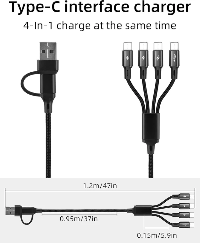 Alt view image 7 of 7 - GELRHONR Multi USB C Charging Cable 4FT, 4 in 2 USB C Splitter Cable, A/C Multi Charger Cord with 4 Type-C Connectors for Cell Phone Tablets and More (4 in 2 Black)