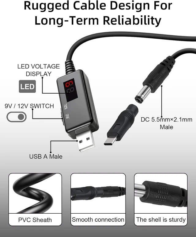 Alt view image 4 of 7 - GELRHONR 1m 5V USB to DC 5.5x2.1mm 9V / 12V LED Display Cable with 8 Tips