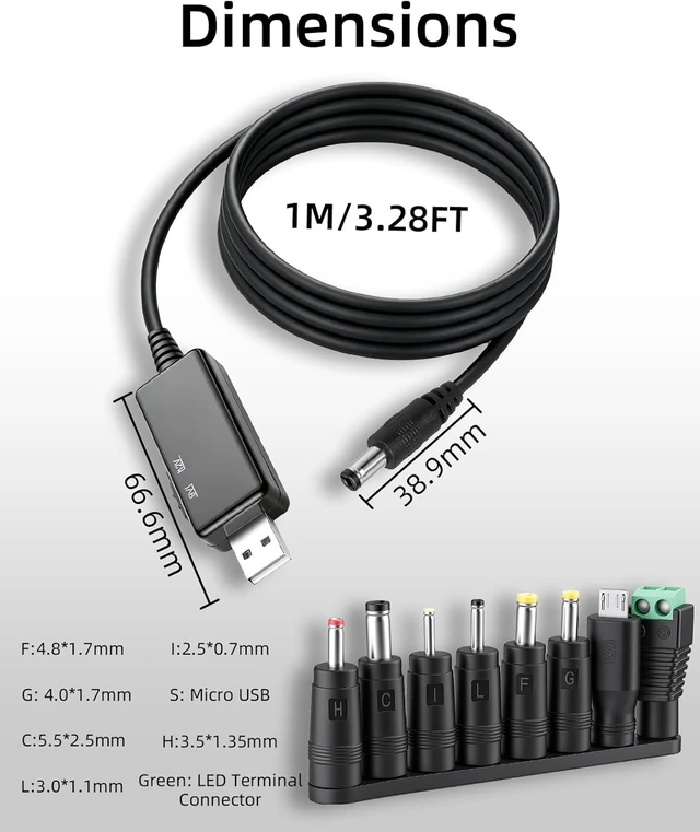 Alt view image 6 of 7 - GELRHONR 1m 5V USB to DC 5.5x2.1mm 9V / 12V LED Display Cable with 8 Tips