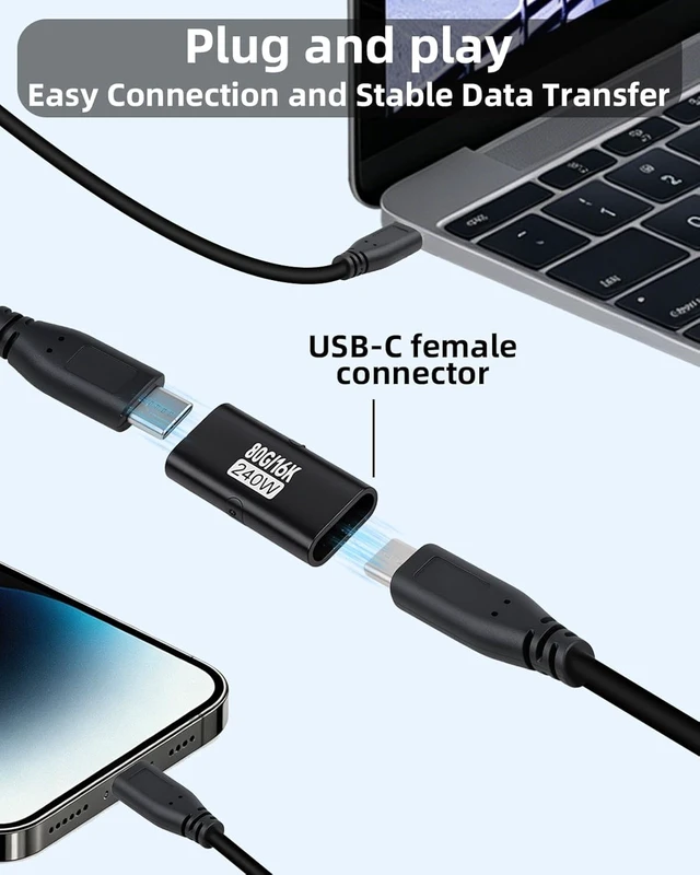 Alt view image 3 of 7 - GELRHONR USB-C Female to Female Adapter, PD 240W, 80Gbps,16K@60Hz,5 Pack