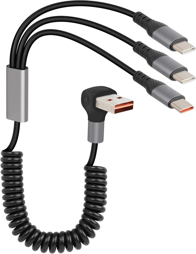 Main image of GELRHONR 66W Coiled Multi USB C Fast Charging Cable 90 Degree, Right Angle 3 in 1 USB A to Type C Y Splitter Cable for Phone, Tablet, Power Bank (A to 3C)